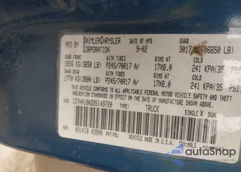 2003 Dodge Ram 1500 Slt/Laramie/St from USA, damaged, VIN 1D7HA18N33S149720